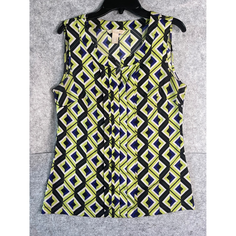 Banana Republic Womens S Sleeveless Blouse Geometric‎ Diamond Pleated Top Green